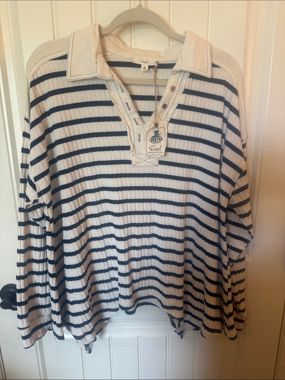 easel Navy & Cream Striped Henley Top